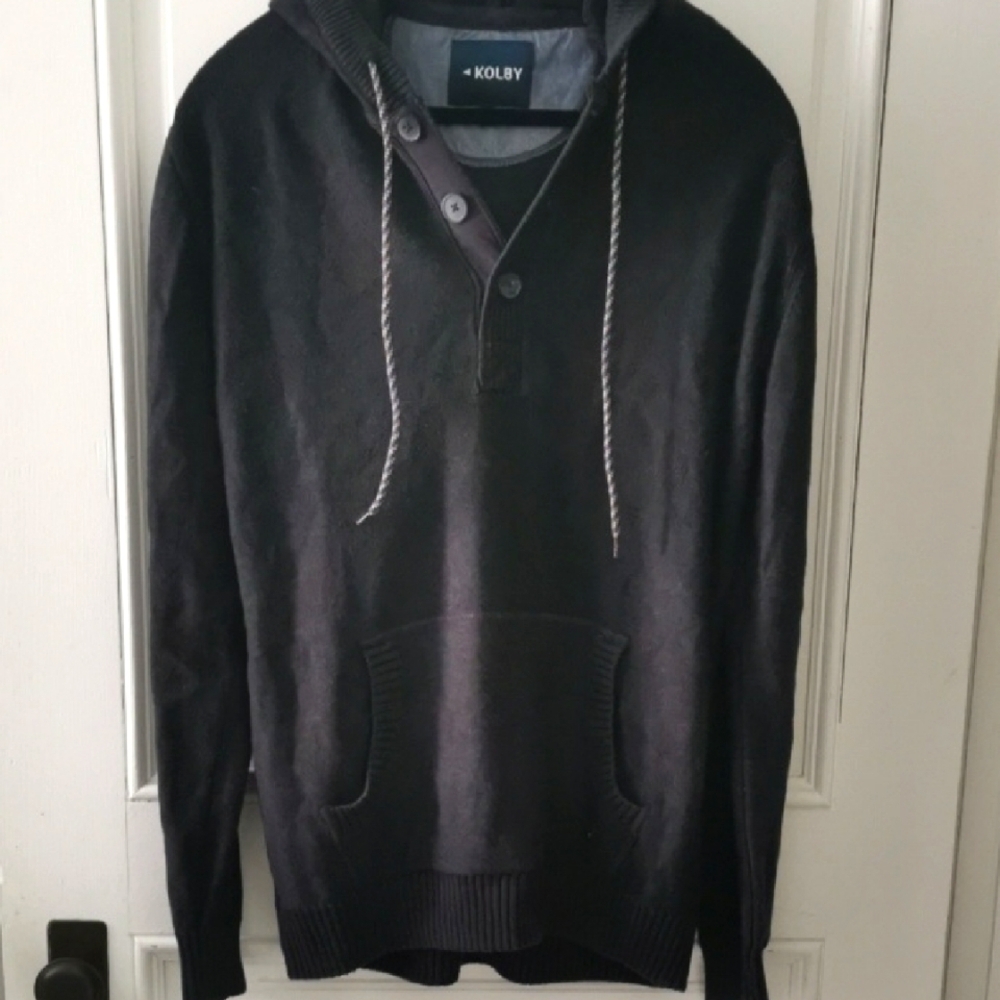 Mens KOLBY gray knit pullover hoodie henley preppy sweater/pockets. Size Large - Picture 2 of 8